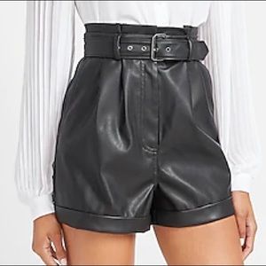 High Waisted Vegan Leather Belted Shorts black